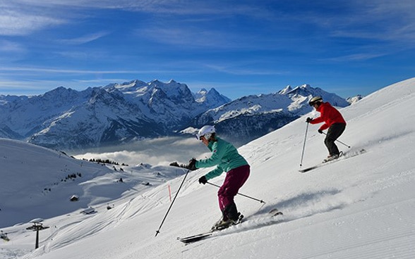 对滑雪者在雪道上驰骋。
