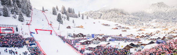 Zielgelände mit Blick auf den Riesenslalom-Zielhang und Hunderte von Zuschauerinnen und Zuschauern, die Schweizerfahnen schwenken.