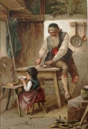 Иллюстрация Вильгельма Клаудиуса к изданию романа «Хайди» 1889 года. Хайди кушает со своим дедушкой.