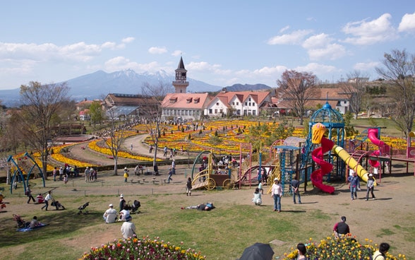 Photo of Heidi’s Village in Yamanashi Prefecture, Japan, including flowers and a playground.