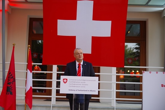Swiss Ambassador in Albania Adrian Maître addressing guest at the reception celebrating the Swiss National Day. Tirana, 25.07.2019.