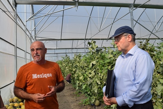 Swiss Ambassador Adrian Maître (right) meeting agribusiness representatives during field visit in Lushnje, 19.06.2019.
