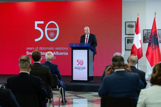 Swiss Ambassador in Albania Adrian Maître opening the conference and exhibition on 50 years of diplomatic relations between Switzerland and Albania.