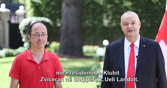 President of the Swiss Club in Albania Ueli Landolt (left) and Swiss Ambassador Adrian Maître (right) sending greetings on Swiss National Day 2021.