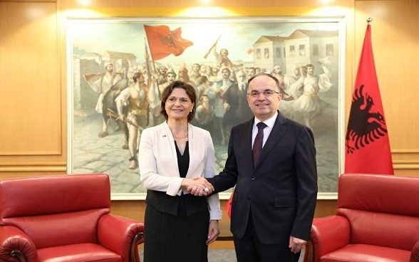 Swiss Ambassador Ruth Huber during the presentation of credentials with President of Albania Bajram Begaj. ©