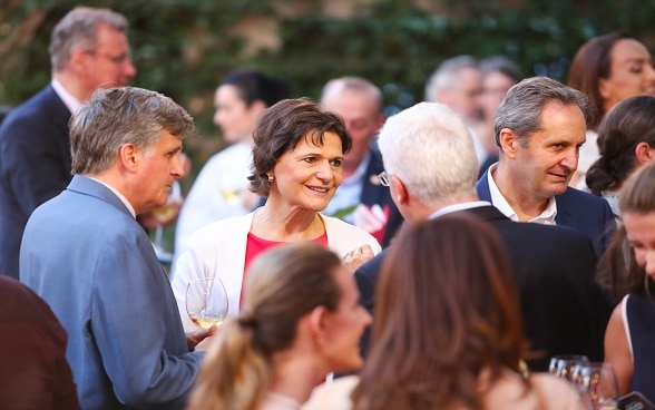 Swiss Ambassador in Albania Ruth Huber (centre) with the diplomatic representatives at the celebration of the Swiss National Day, Tirana, 24.07.2024.