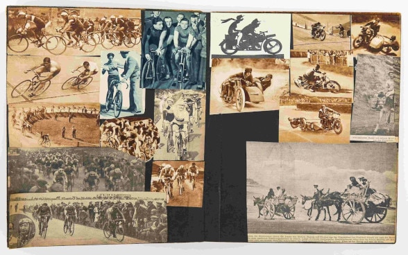 Lill Tschudi, Leporello mit eingeklebten Ausschnitten aus Zeitungen und Magazinen im handbemalten Einband, um 1935-1955, Collage.