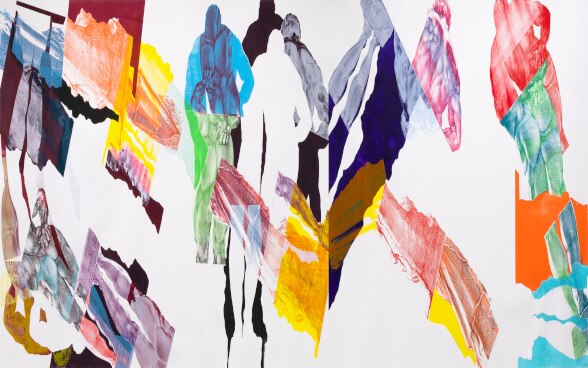 Pia Fries, durch sieben siebe (Fries-Fries), 2022, Acryl und Siebdruck auf Papier, Dyptichon, 200 x 720 cm