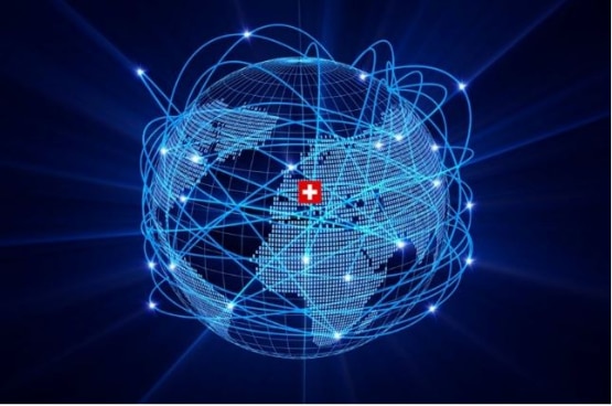Swiss flag and the eath with internet connections over it