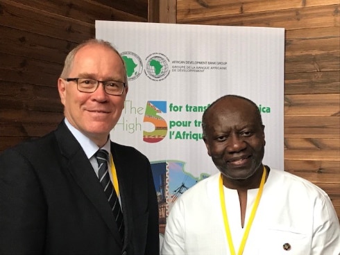 The Minister of Finance of Ghana, Hon. Ken Ofori-Atta (right) and Ambassador Raymund Furrer (left) after their talks on economic cooperation between Switzerland and Ghana