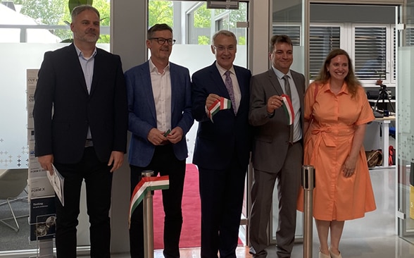 From left to right: Mr Dániel Turcsányi, Mr Bruno Allemand, Ambassador Jean-François Paroz, Mr Gábor Szabó, Ms Júlia Lipovecz