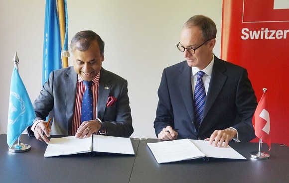 Ambassador of Switzerland to Kenya Mr. Ralf Heckner (right) with UN Resident Coordinator to Kenya Mr. Siddharth Chatterjee sign the agreement for Switzerland’s support to strengthen the capacity of the UN Resident Coordinator’s Office in Kenya
