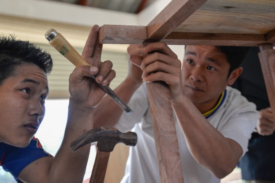 Carpentry students at a vocational skills training college in Phongsaly, Lao PDR.