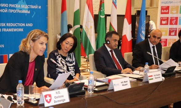 Corinne Demenge during her speech at the Regional Conference on Disaster Risk Reduction in Dushanbe