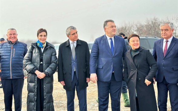 Inauguration ceremony of transboundary hydro-posts between Tajikistan and Uzbekistan. Salome Steib, Director of the SCO Tajikistan (left) and Rahel Boesch, Head of Cooperation, Embassy of Switzerland in Uzbekistan (right) with Daler Juma, Minister of Energy and Water Resources of Tajikistan  and Khamraev Shavkat, Minister of Water Resources Uzbekistan.