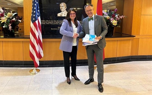   Liesyl Franz, Deputy Assistant Secretary for International Cyberspace Security, and Ambassador Benedikt Weschler, Head of the Digitalization Division at the Swiss Federal Department of Foreign Affairs. 