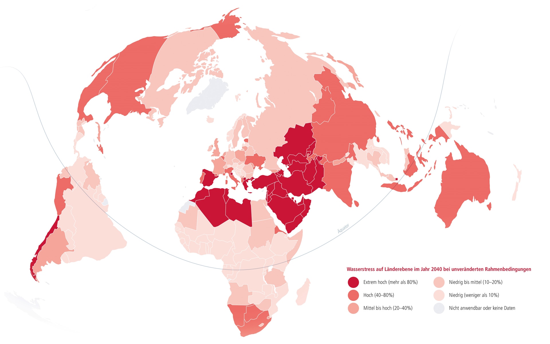 Grafik zur Globalen Verteilung des erwarteten Wassermangels im Jahr 2040 auf Länderebene (Karte erstellt durch Zoï Environment Network 2022, basierend auf Luo T. et al. 2015)