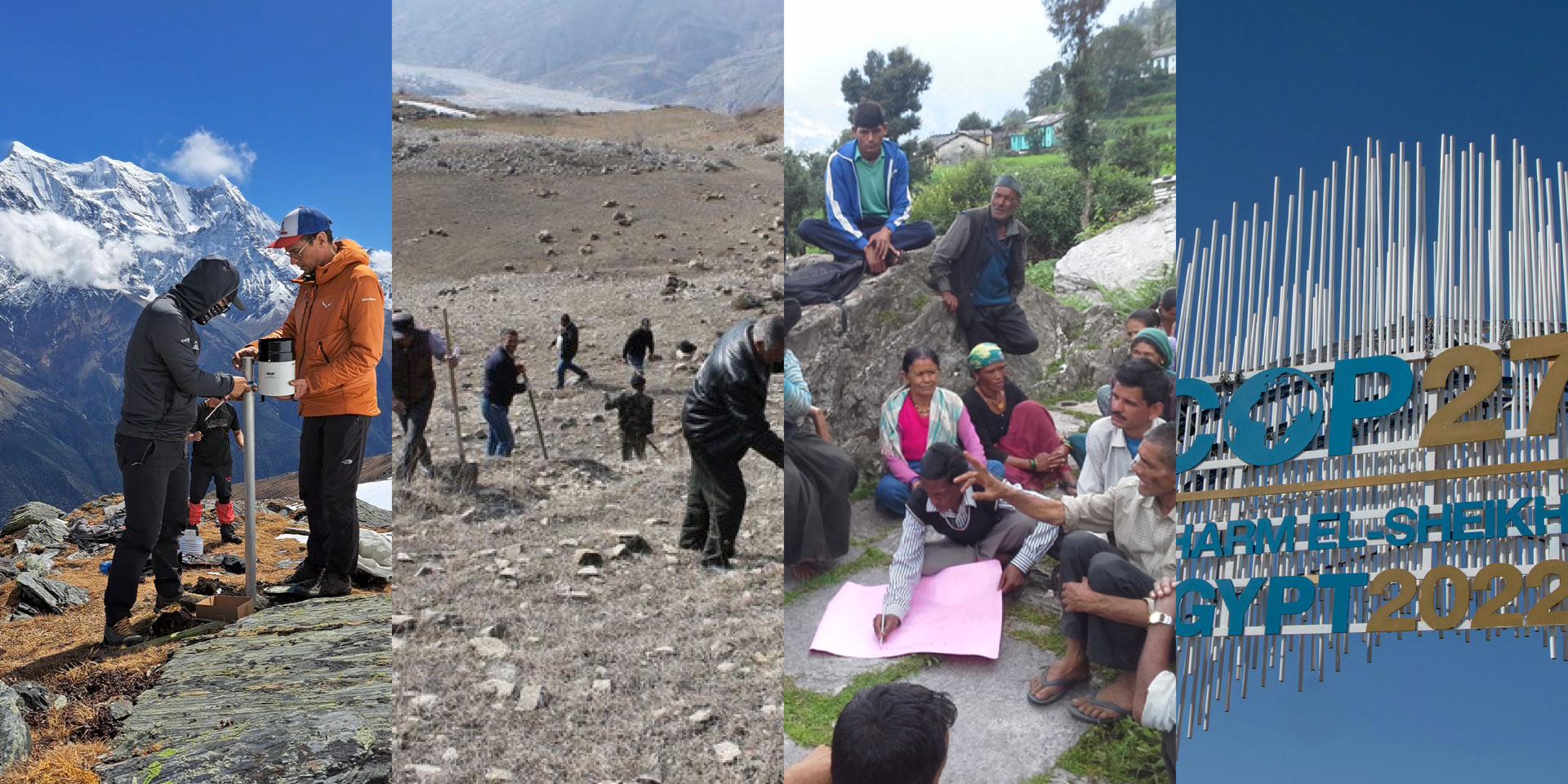  A series of photographs illustrates the different levels – science, local communities, and international organisations – required to protect mountain regions.