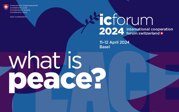 Conference banner with the logo of the IC Forum 2024, and a text with the theme: "What is peace?"On the background there is a dove holding an olive branch.