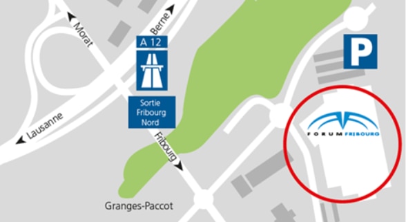 Plan du site d’exposition le Forum Fribourg, indiquant l’accès en voiture depuis la sortie d’autoroute et l’emplacement du parking le plus proche.