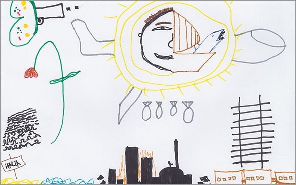 Dibujo de un joven refugiado sirio mostrando escenas de un ataque aéreo.