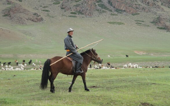 Mongolischer Hirte auf seinem Pferd.