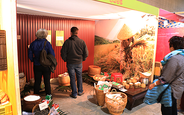 Besucherinnen und Besucher am Stand zu Laos an der DEZA-Sonderschau an der OLMA 2015.