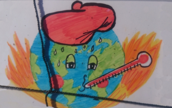 El dibujo de un niño muestra un globo terráqueo con fiebre.