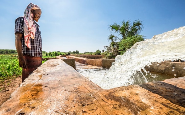Nella foto, un uomo sotto il sole cocente vicino a una canalizzazione dell’acqua.