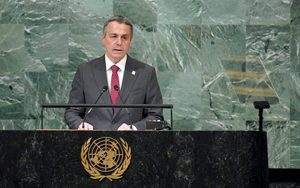 El presidente de la Confederación, Ignazio Cassis, habla ante la Asamblea General de la ONU en Nueva York. 