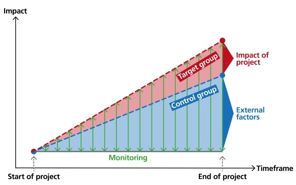 Graphical representation of how impact evaluations can be used to determine external factors in the impact analysis.