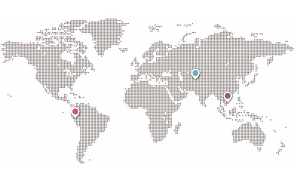 worldmap with three coloured dots