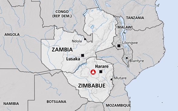 Mapa de Zimbabue y Zambia en África austral.