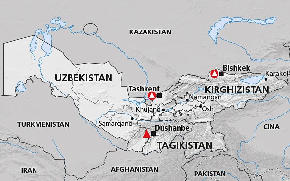 Cartina della regione Asia centrale (Kirghizistan, Tagikistan, Uzbekistan)