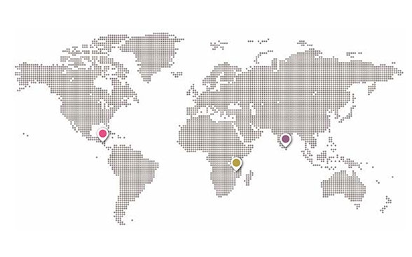 Weltkarte mit Punkten, die Einsatzgebiete der DEZA markieren. 
