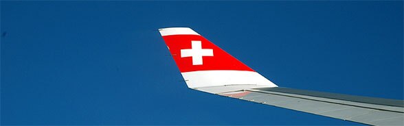 Photo of wing of a Swiss airliner
