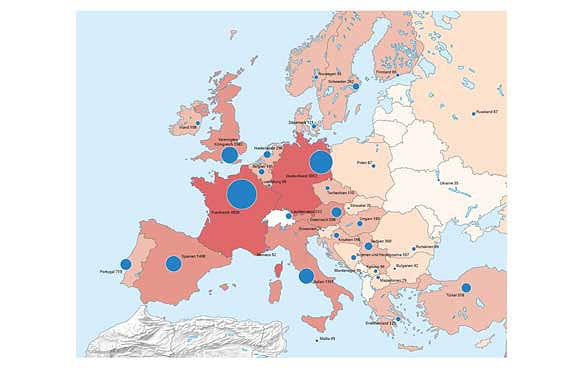 La carta mostra a colori i Paesi europei secondo il numero dei cittadini svizzeri residenti. Dei circoli e delle linee blu indicano il numero degli Svizzeri emigrati per destinazione.