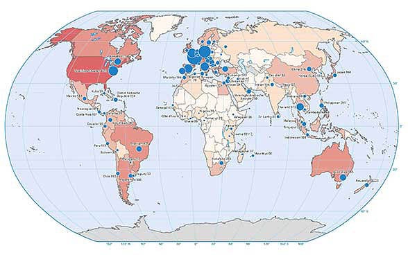 La carta mostra a colori i Paesi del mondo secondo il numero dei cittadini svizzeri residenti. Dei circoli e delle linee blu indicano il numero degli Svizzeri emigrati per destinazione.