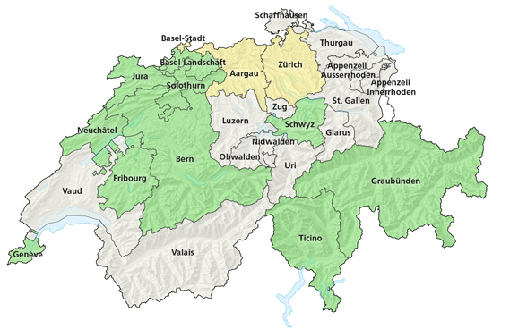 Cartina della Svizzera in cui sono rappresentati in verde i Cantoni nei quali sono consentite le votazioni e le elezioni cantonali: Ginevra, Neuchâtel, Friburgo, Berna, Giura, Soletta, Basilea Campagna, Svitto, Grigioni, Ticino. Nei Cantoni colorati di giallo, Zurigo e Basilea Città, sono permesse soltanto le elezioni del Consiglio degli Stati. 