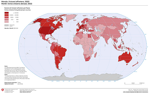 The majority of Swiss Abroad live in Europe (shown in red), followed by the USA.