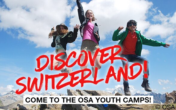 Three young people in the mountains and at the bottom of the picture is written, come to the OSA youth Camp.