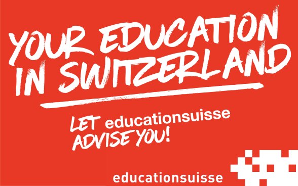 Logo: written in white on red, your education in Switzerland, let education Swiss advise you.