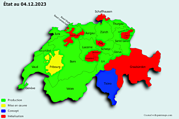 Carte de la Suisse illustrant l'état du système de notification électronique avec différentes couleurs.
