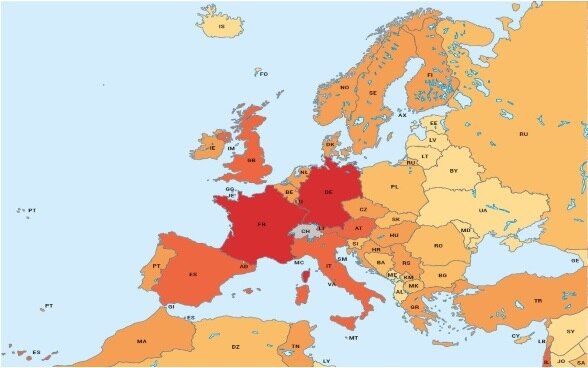 Auf der Karte sind die Staaten Europas farblich gemäss der Anzahl in ihnen wohnhaften Auslandschweizerinnen und Auslandschweizer gekennzeichnet.
