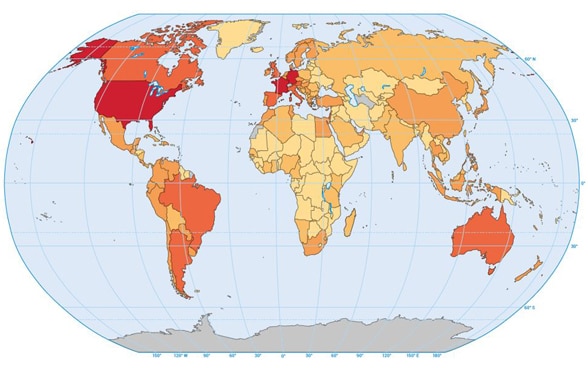 Auf der Karte sind die Staaten der Welt farblich gemäss der Anzahl in ihnen wohnhaften Auslandschweizerinnen und Auslandschweizer gekennzeichnet.