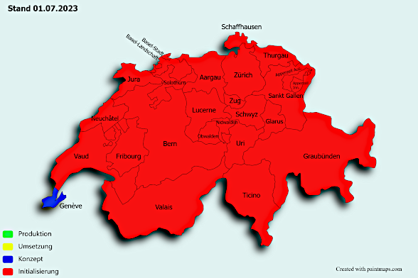 Auf dem Bild ist die Karte der Schweiz mit allen Kantonen zu sehen. Es zeigt, welche Kantone bereits die elektronische Anbindung durchgeführt haben.