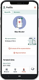 The image shows a smartphone displaying the user profile in the SwissInTouch app. 