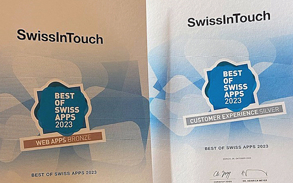 Das Bild zeigt die zwei Auszeichnungen Silber und Bronze am Best of Swiss Apps Awards 2023.