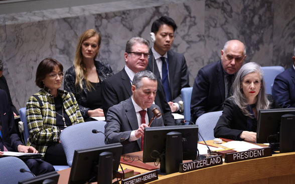 In the Security Council room, a plaque with the inscription 'Switzerland' is placed on the table.