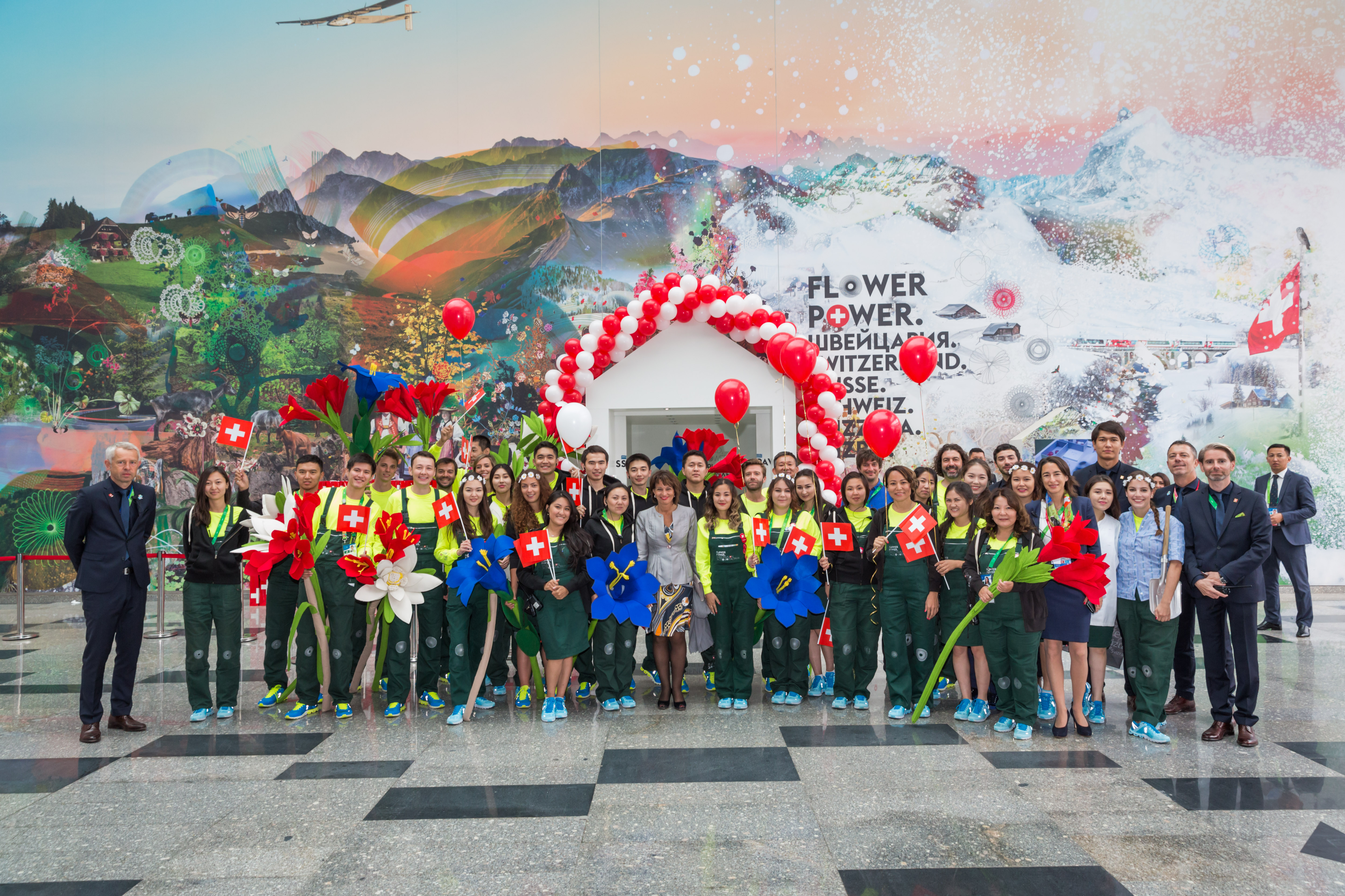 Nicolas Bideau, head of Presence Switzerland, and team members of the Swiss pavilion at Expo Astana 2017.